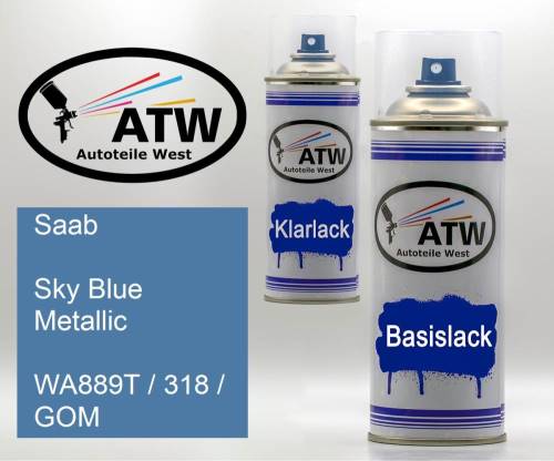 Saab, Sky Blue Metallic, WA889T / 318 / GOM: 400ml Sprühdose + 400ml Klarlack - Set, von ATW Autoteile West.